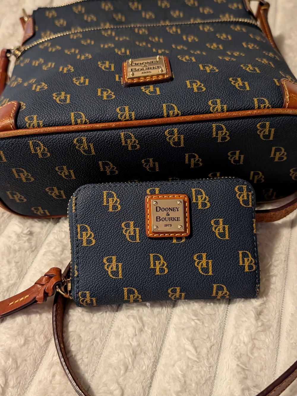 Dooney & Bourke Navy and Tan Logo Purse And Wallet Set Like New!